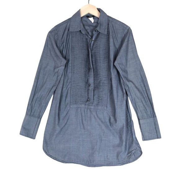 J.Crew Long Line Shirt Size XS Blue Chambray Pleated Front 100% Cotton - Picture 1 of 7
